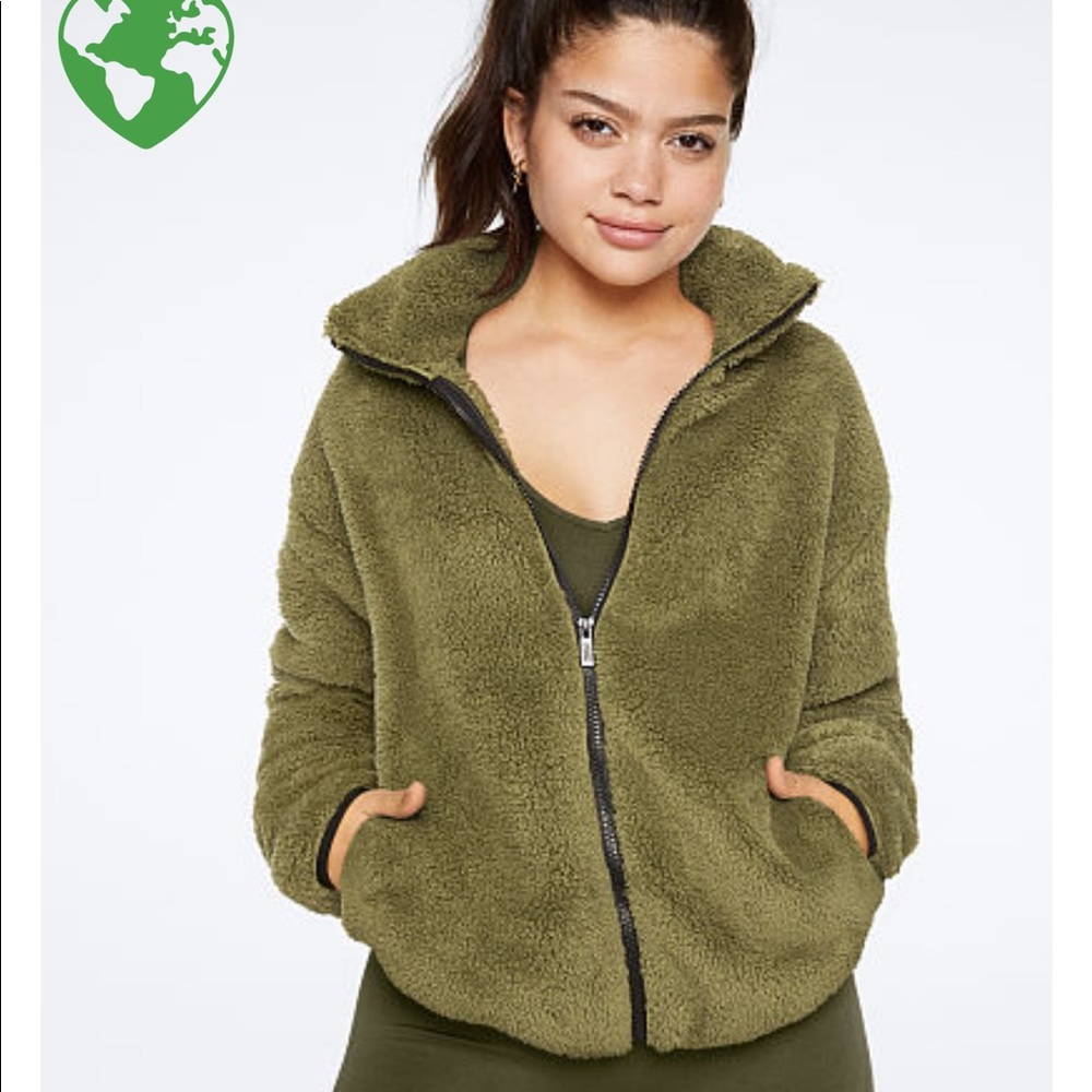 New VS PINK Teddy Full Zip Vintage Green - Picture 1 of 8